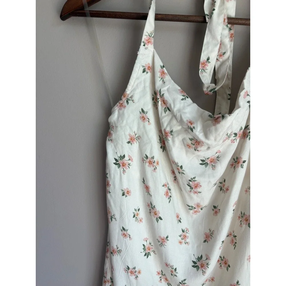 American Eagle Floral Halter Mini Dress XS Cream Pink Cowl Neck Viscose NWT - Picture 2 of 10